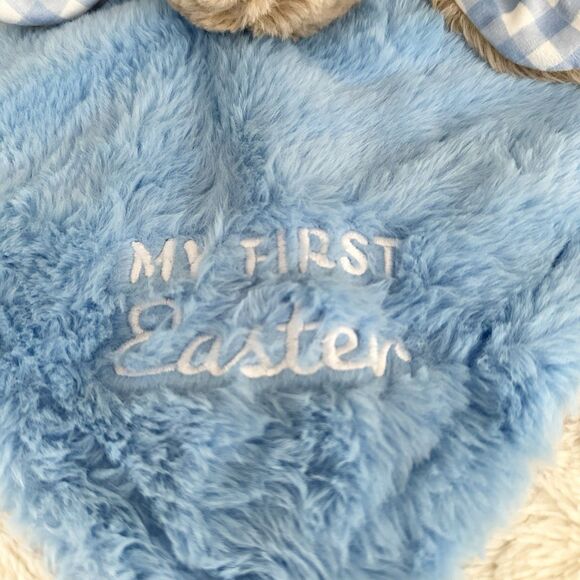 MTY My First Easter Bunny Rabbit Baby Lovey Rattle Security Blanket Blue Plaid - Picture 2 of 5